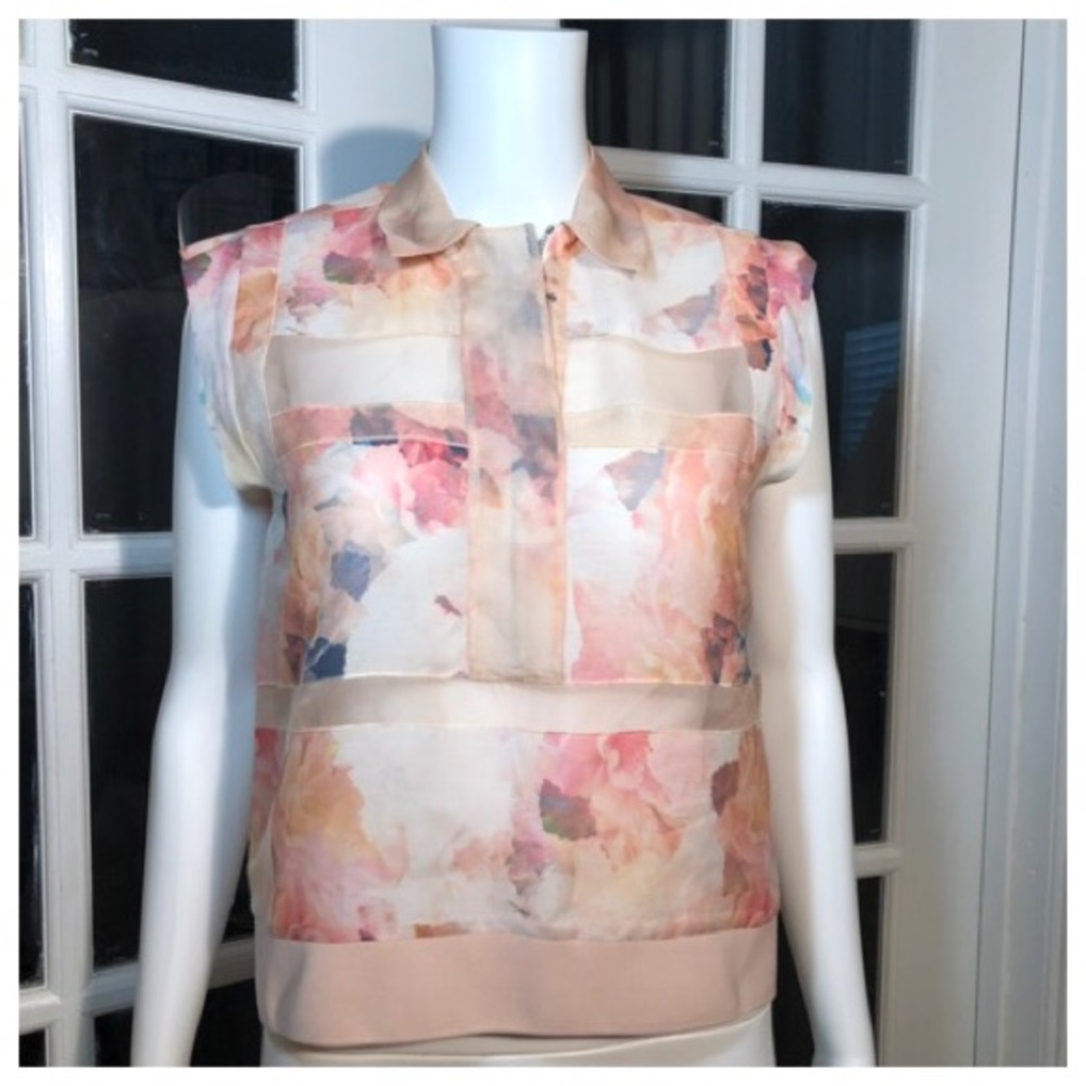 Rebecca Taylor Floral Sheer Cap Sleeve Blouse in Blush, Peach, Navy
